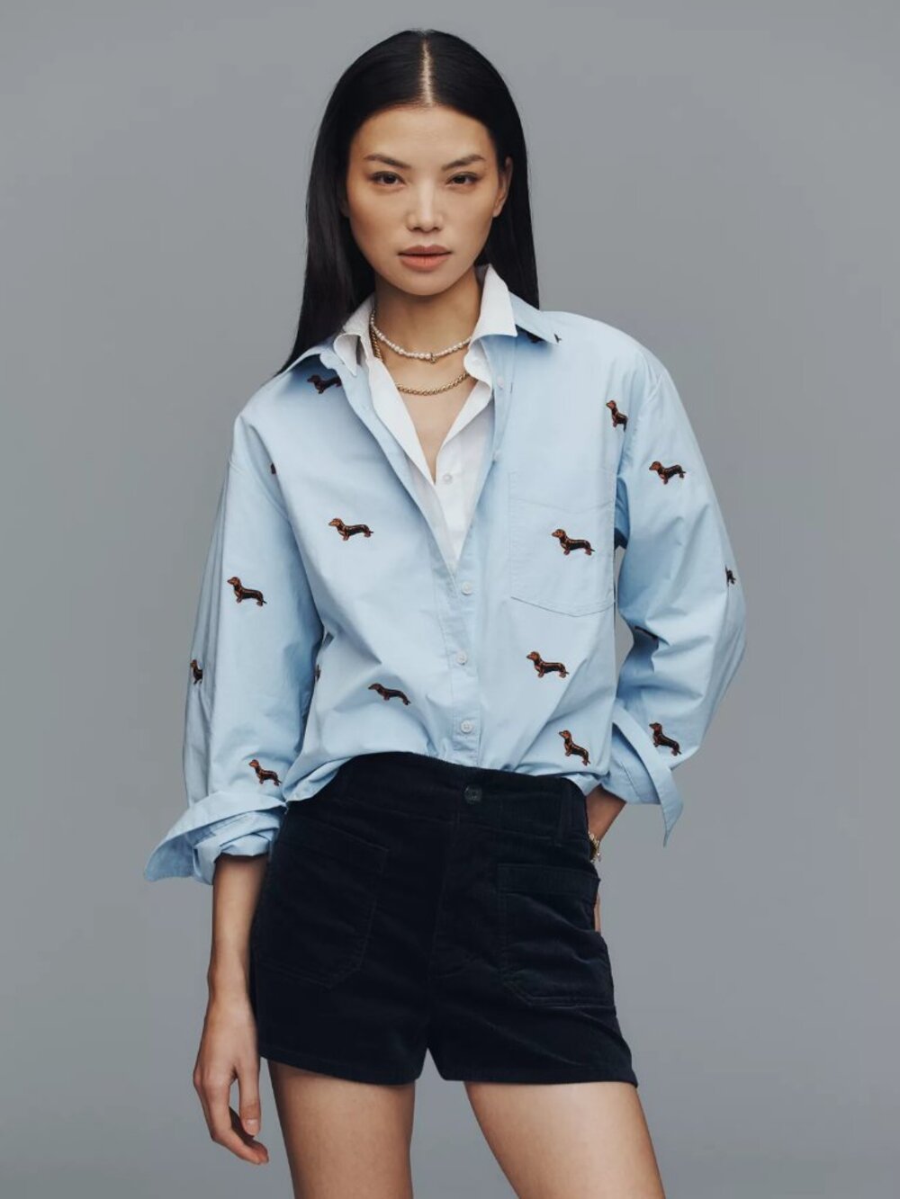 Anthropologie Maeve Shrunken Bennet Buttondown Dachshund Shirt Size S